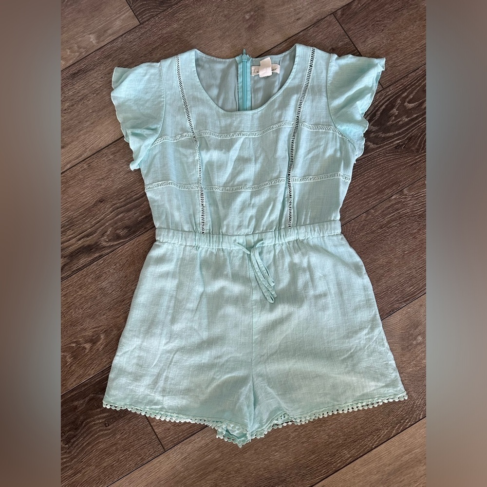 Lost in Lunar Green mint romper shorts tie waist SZ L Linen blend